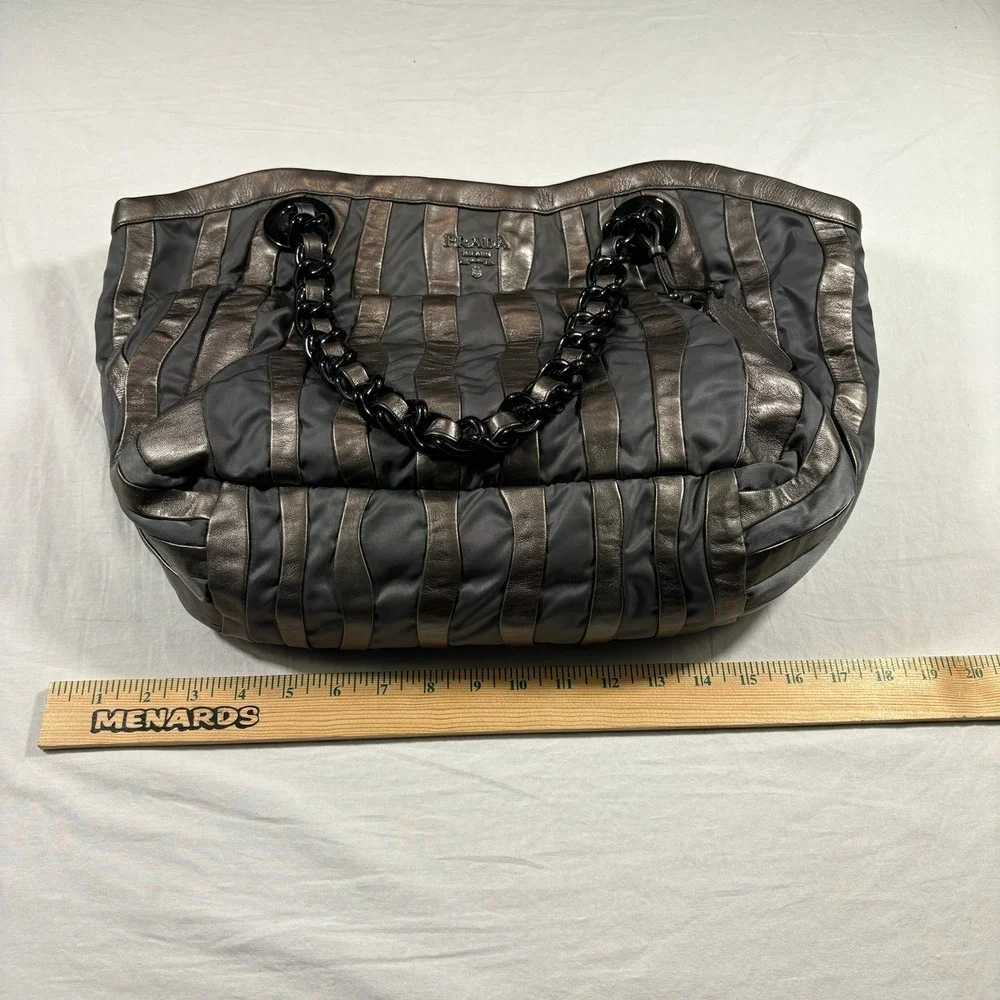 Prada Metalic Napa Tessuto Nylon Mordore Striped Pre-Owned Metallic Chain‎ Tote